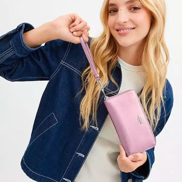 Coach Leather Metallic Pink Long Zip Around Wallet Bag Purse - Picture 10 of 11